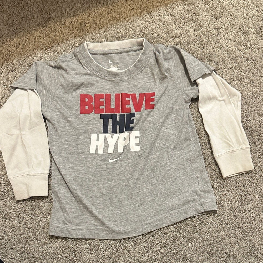 Nike Kids Long Sleeve Tee - Gray with Red, Blue, and White Accents